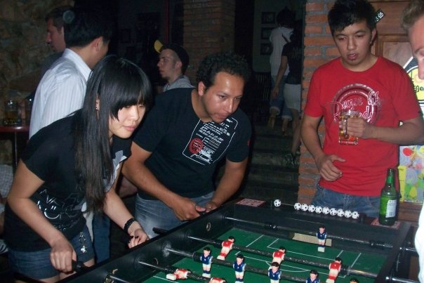 Playing foosball at Le Bang