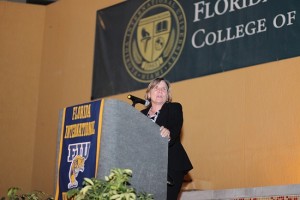 Executive Dean Joyce Elam greeted the new students in the Chapman Graduate School at their orientation.