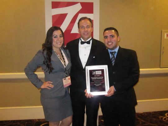 Eileen Vega, executive vice president, fall 2011; Tim Dugan Birrittella, faculty advisor; and Michael Perez, president 2011-2012