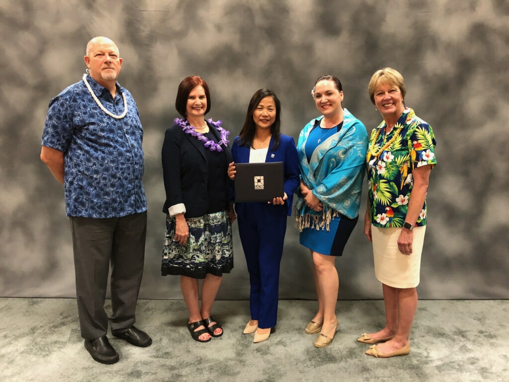 Left to right: Michael Weimer, senior vice president and chief officer of the Americas for AACSB; Stephanie M. Bryant, executive vice president and chief accreditation officer of AACSB; Dean Joanne Li, FIU Business; Jennifer Hilton Montero, director program administration Office of Global Initiatives at FIU Business; Dean Caryn Beck-Dudley, dean of the Leavey School of Business at Santa Clara University